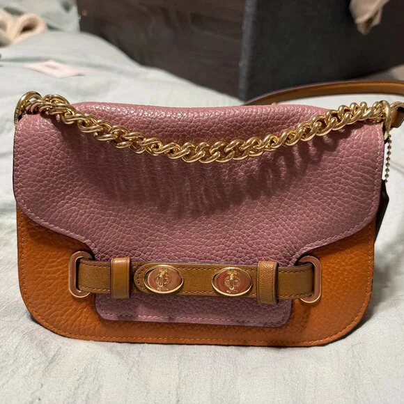 RARE Coach Colorblock Pebble Leather Shoulder Bag – Pink/Tan with Chain Strap - Picture 4 of 9